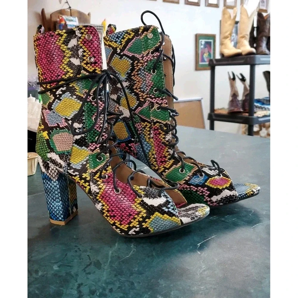 Snakeskin Print Lace-Up Chunky Heel Sandals Wmn 8.5 Multicolor Open Toe 40 L 8-9
